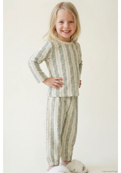 Breeze Kız Bebek Pijama Takımı Mavi Floral Çiçek Desenli Şeritli 9 Ay - 3 Yaş , Ekru