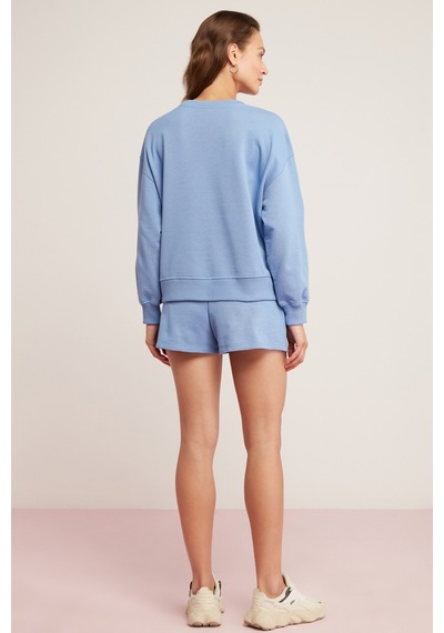 Ethıquet Sandra Kadın Pamuklu Içi Polarlı Yumuşacık Göğsü Baskılı Yuvarlak Yaka Comfort Mavi Sweatsh