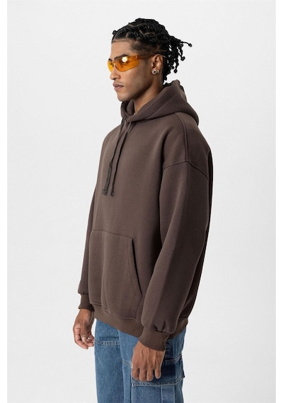 Vamos Basic Oversize Yıkamalı Hoodie Kahve