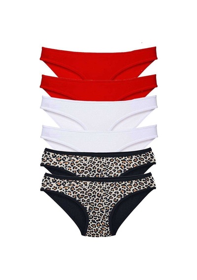 6 Adet Likralı Kadın Slip Külot Leopar Kırmızı Beyaz Çok Renkli