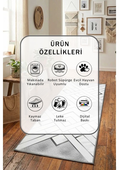 Vava Gri Dijital Baskılı Kaymaz Yıkanabilir Yolluk