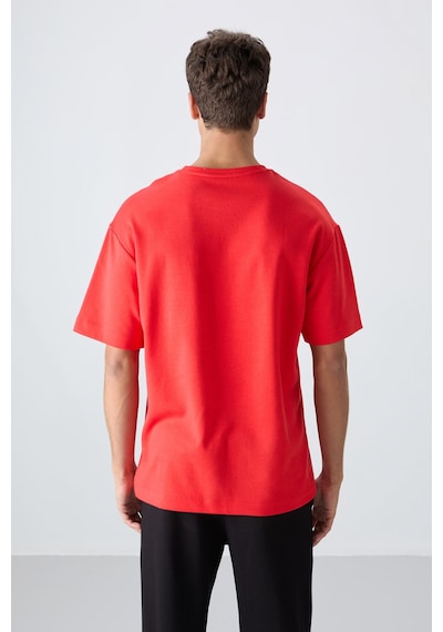 Tommy Life Fiesta Pamuklu Kalın Yumuşak Dokulu Oversize Fit Baskılı Erkek T-shirt - 88325 Kirmizi