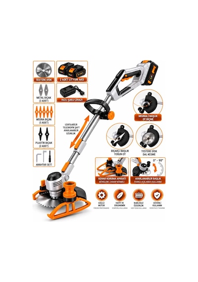 Dragro Drg-21v Kkömürsüz Motor T 2x Bataryalı Ot Çim Çalı Kenar Biçme Tırpan Makinesi