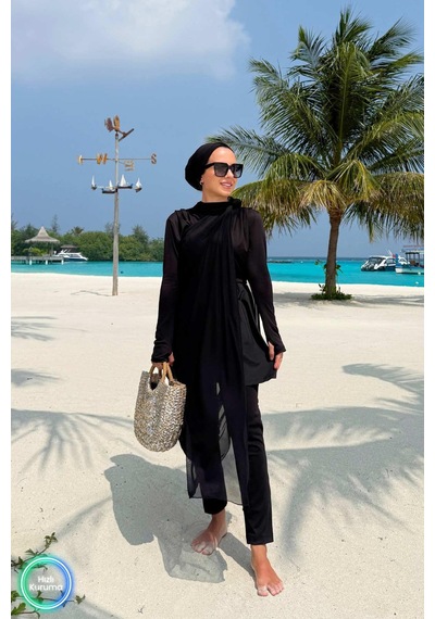 Kahijab Coast Sörf 4'lü Tesettür Mayo - Siyah Siyah