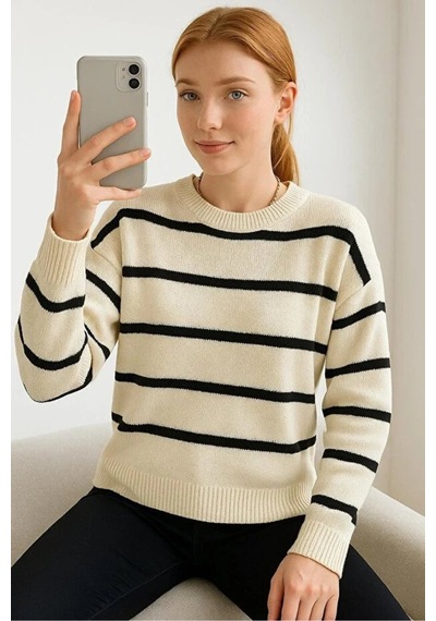 Fashion Friends Bisiklet Yaka Çizgili Bej Kadın Kazak 25k0093k1