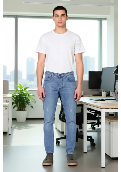 Ersefa Erkek Slim Fit Yırtık Detaylı Denim Pantolon Açık Fonksiyonel Day Açık Mavi