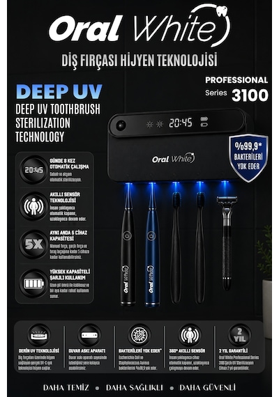 Oral White Professional Series 3100 Gerçek Uv-c Diş Fırçası Sterilizasyon Cihazı - Akıllı Sensörlü Siyah