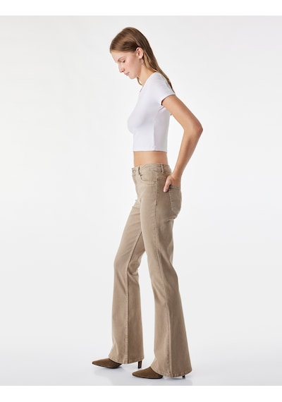 Koton Pamuklu Dar Kesim Yüksek Bel Cepli Düğmeli İspanyol Paça Pantolon - Flare Jeans Kahverengi 7wal40005mw Kahve