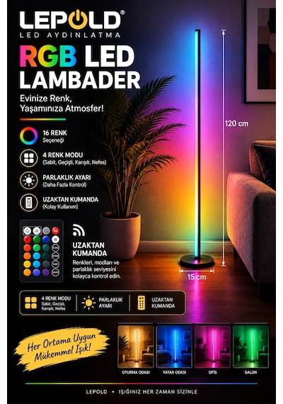 Rgb Led Lambader 120 Cm Kumandalı 16 Renkli Dekoratif Ayaklı Lamba, Parlaklık Ayarlı, Renk Geçişli Ortam Siyah