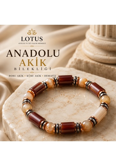 Anadolu Akik Premium Bilekliği Boru Akik, Küre Akik & Hematit