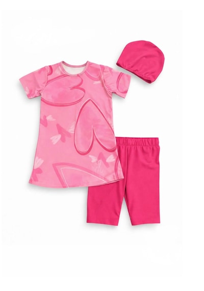 Nurbebe Kalp Desenli Boneli Kız Çocuk Üçlü Mayo Set Pembe