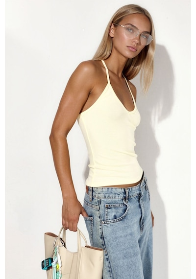 Hiccup Busem Slim Fit Halter Yaka Jarse Bluz Krem Doğal