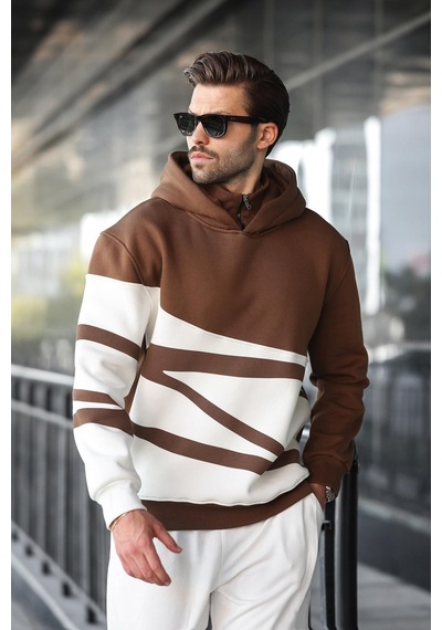 Madmext Kahverengi Kapüşonlu Fermuar Yaka Desenli Erkek Sweatshirt E7162 Kahverengi