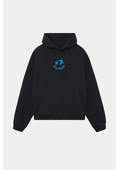 Unisex Siyah Kapüşonlu Sweatshirt - Mavi Baskılı Oversize Hoodie Siyah