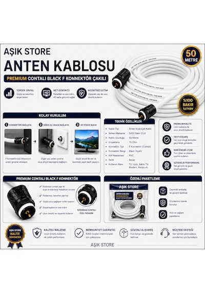 50 Metre Premium Anten Kablosu %100 Bakır İç İletken Contalı Black F Konnektör Çakılı Koaksiyel Tv Uydu Kablosu