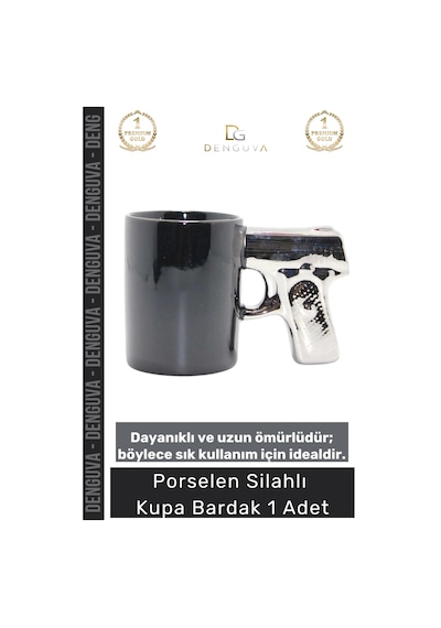 Kupabardak Hediyelik Porselen Mat Siyah Tasarım Tabancalı Kulp Ofis Ev Aksesuarı Silahlı Kupa Barda Çok Renkli