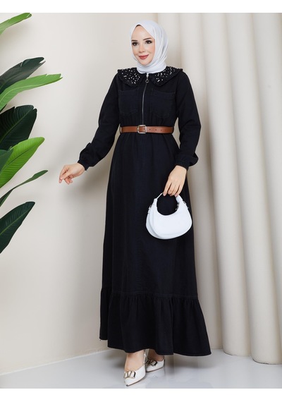 Hb Harma Time Butik Kadın Taş Detaylı Fermuarlı Kemerli Tesettür Kot Siyah Elbise Hb Harma Time Butik Kadın Taş Detaylı Fermuarlı Kemerli Tesettür Kot Siyah Elbise