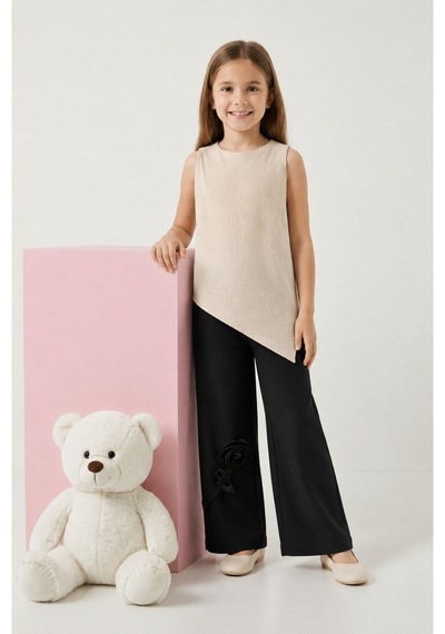 Fesshera Kids Kız Çocuk Asimetrik Kesim Bluz Ve Gül Detaylı Bol Paça Pantolon Takım Şık Kombin Kahverengi