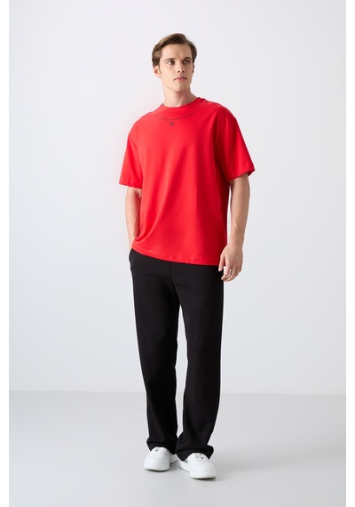 Tommy Life Fiesta Pamuklu Kalın Yumuşak Dokulu Oversize Fit Baskılı Erkek T-shirt - 88343 Kirmizi