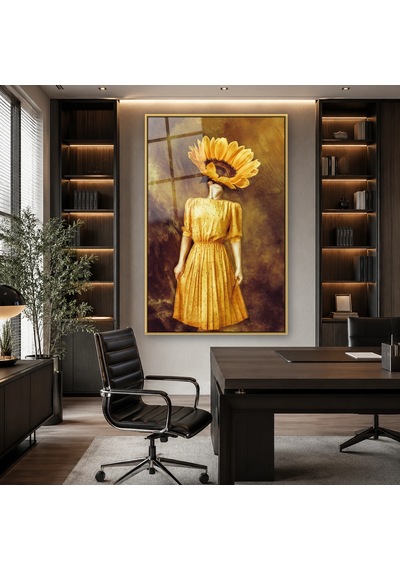 Ayçiçeği Başlı Sarı Elbiseli Kadın Gold Çerçeveli Cam Tablo