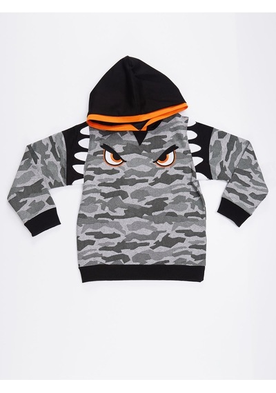 Denokids Mushi Kamuflaj Kapüşonlu Erkek Çocuk Sweatshirt  - Gri - Siyah - Turuncu