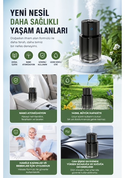 Araç İçi Hava Nemlendirici Ve Koku Difüzörü Usb Şarjlı Sessiz Çalışma 140 Ml Siyah
