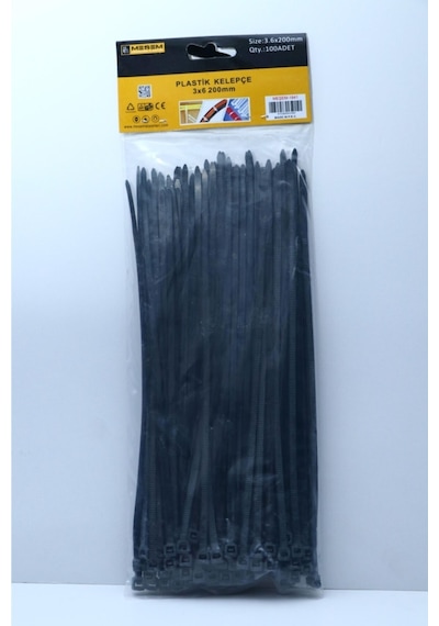 Cırtlı Plastik Kelepçe 3,6x200 100 Adet Siyah Kabl Bağı Ye