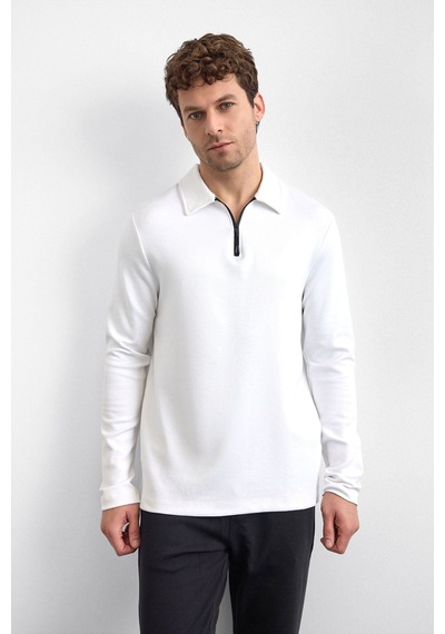 Backandbond Beyaz Regular Fit Gömlek Yaka Yarım Fermuarlı Sweatshirt
