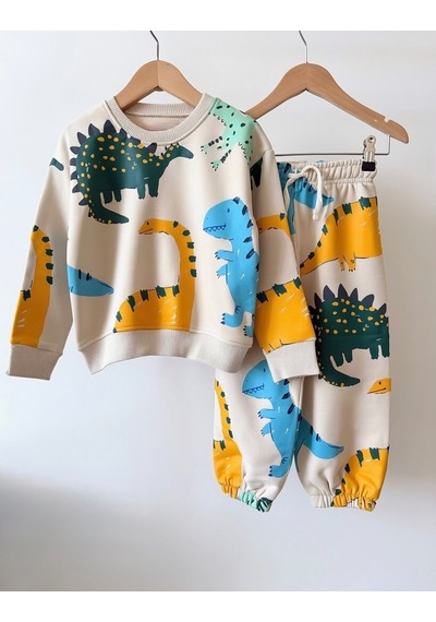 Mila Mood Erkek Çocuk Dinozor Desenli Sweatshirt Jogger Pantolon 2 Li Takım Krem