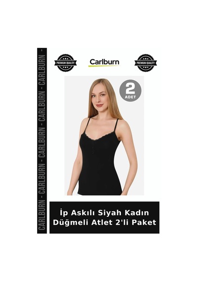 Carlburn Özel Seri İp Askılı Siyah Kadın Düğmeli Atlet 2'li Paket Rahat Üst Vücut Saran İç Giyim