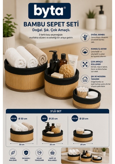 Bambu Sepet Seti Çok Amaçlı Kullanıma Uygun Gıdaya Teması Uygun Bez Astarlı Organizer 30 Cm, 25 Cm, 20 Cm Çap Siyah
