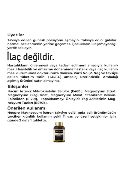 Neopro Magnezyum Sitrat Bisglisinat Ve Malat 60 Tablet Takviye Edici Gıda