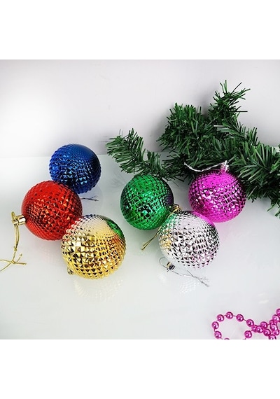 Tırtıklı Desen 8 Cm Karışık Renk Top 6'lı - Yılbaşı Süsü