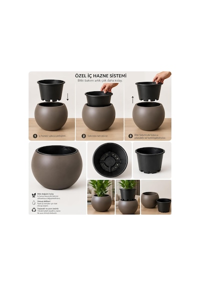 Zevli Küre Saksı Özel İç Hazneli Drenajlı Çiçek Saksısı 3 Adet, 7litre, 25cm, Antrasit, Taupe, Beyaz