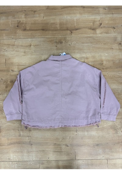 Büyük Beden Yakalı Düğme Detaylı Bağcıklı Ön Cepli Denim Kadın Ceket Pembe