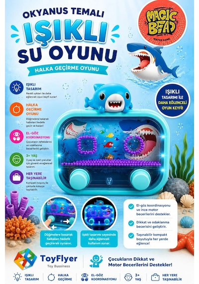 Su Oyunu Water Game Çocuklar İçin Eğlenceli Halka Geçirme Işıklı Shark 2586bc-k12açıkmavishark