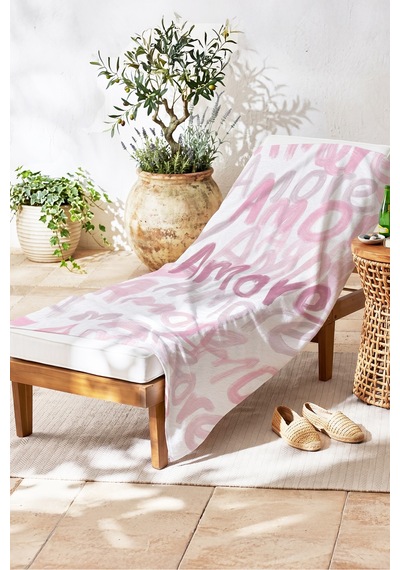 Amore Yazılı Modern Plaj Havlusu - Soyut Tipografik Pembe Beyaz Hızlı Kuruyan Mikrofiber Havlu Mat Bulut