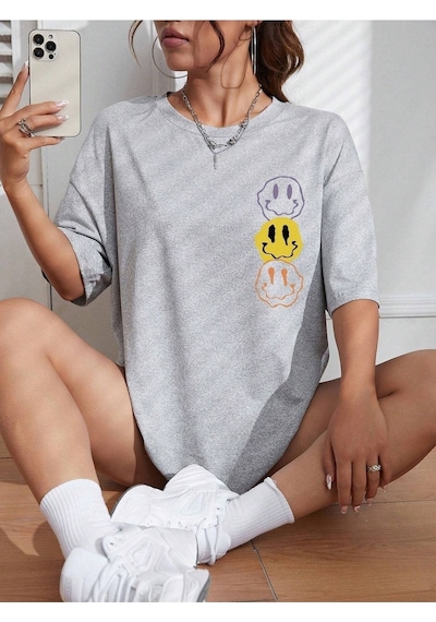 Emoji T-shirt - Gri Baskılı Oversize Bisiklet Yaka Kısa Kol Gri