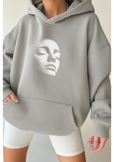 Benroma 3 İplik Penye Silüet Baskılı Unisex Kapüşonlu Sweat Gri