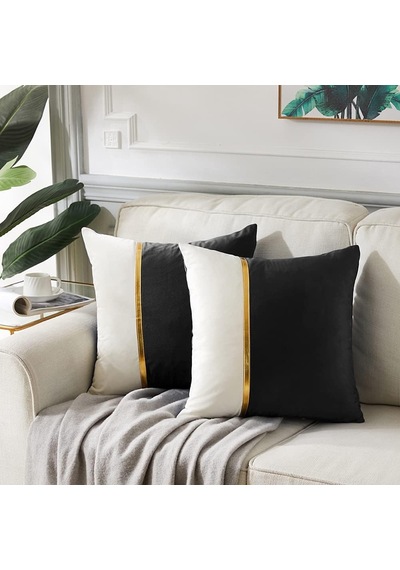 2 Paket Siyah Dekoratif Kırlent Kılıfları 45x45 Cm Oturma Odası Kanepe Yatağı İçin, Siyah Beyaz Kadife Yama İş Çok Renkli