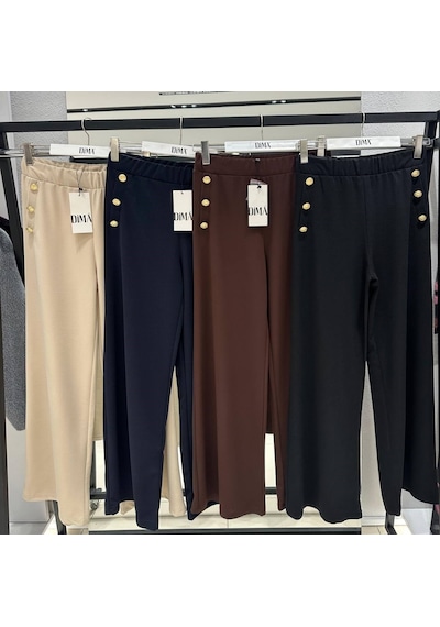 Ribana Classic Kadın Yeni Sezon Düğme Detaylı Krep Kumaş Bol Paça Pantolon 4652 Lacivert