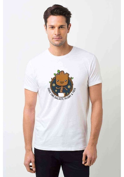 Groot Pattern Galaxy Plant Baskılı Beyaz Erkek Tshirt