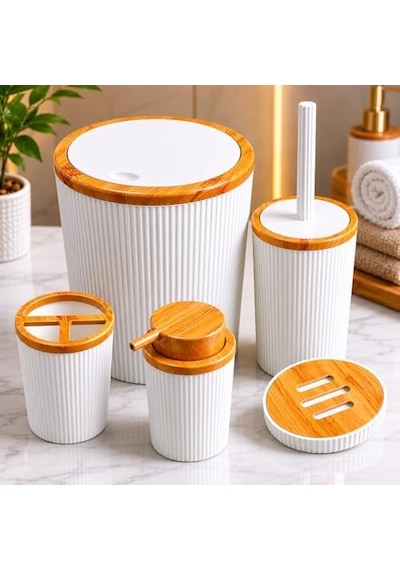 Beyaz Bambu Desenli 5 Parça Banyo Seti, Çöp Kovası, Wc Fırçalık, Sıvı Sabunluk, Diş Fırçalık Ve Sabunluk Diğer