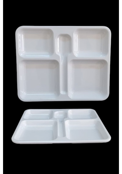 12 Adet %100 Kırılmaz Melamin 5 Bölmeli Tabldot Yemek Servis Tabağı - 34x28 Cm Beyaz Beyaz