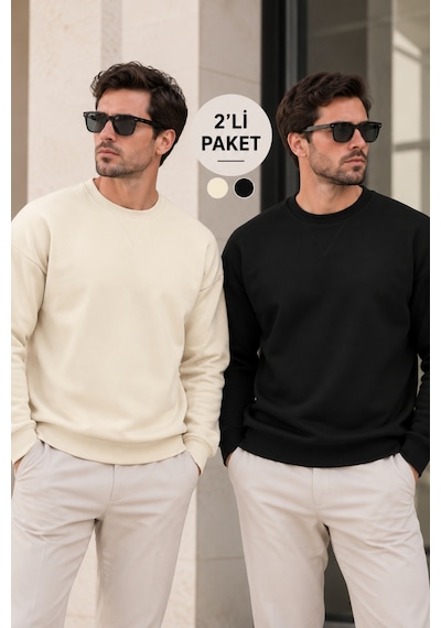 Polo State Erkek 2 Li Paket Bisiklet Yaka Basic Günlük Sweatshirt - Ekru & Siyah