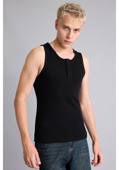 Defacto Regular Fit Ribana Henley Yaka Düğmeli Basic Atlet I1109ax26smbk81 Siyah-bk81