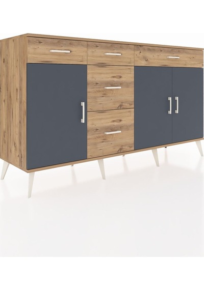 Kronos Konsol 2 Raflı 5 Çekmeceli 3 Kapaklı 176x59x99 Çam-antrasit/çam Antrasıt/atlas Çam - Atlas Çam