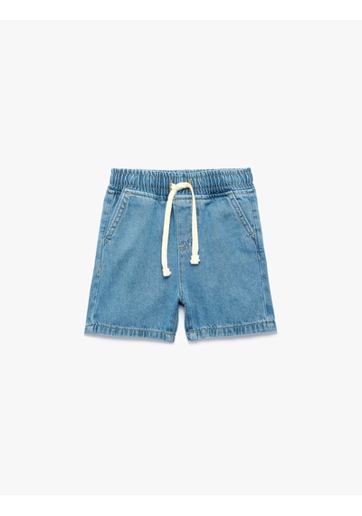 Koton Pamuklu Cepli Beli Bağcıklı Denim Şort Orta İndigo 6smb40020td