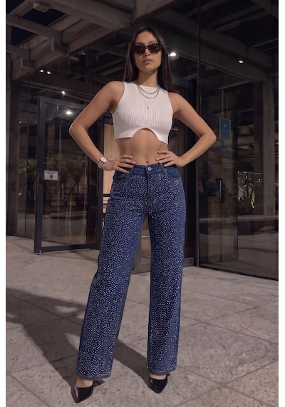 Kadın Koyu Mavi Likralı Yüksek Bel Önü Full Taşlı Wide Leg Geniş Paça Jean Kot Pantolon