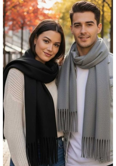 Tezzgelsin Unisex Yumuşak Dokulu Püsküllü Kışlık Buklet Atkı Şal 2'li Set Siyah -gri